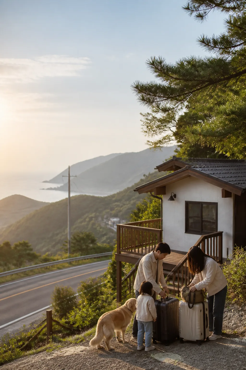 산과 바다 사이 강원도숙소에서 가족과 반려견이 여행을 준비하는 모습