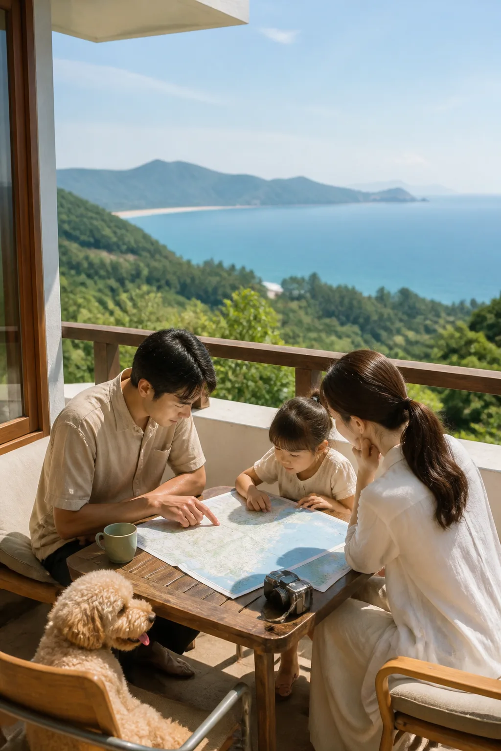 강원도 산과 바다 여행을 계획하며 숙소 테라스에서 지도를 살펴보는 여행자들