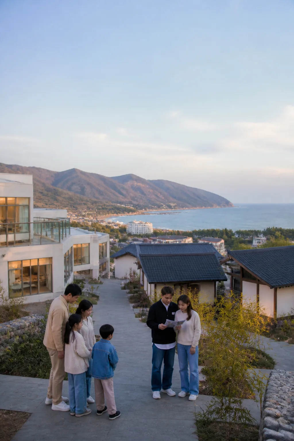 강원도 바다와 산을 배경으로 숙소 유형을 비교하는 여행객들의 모습