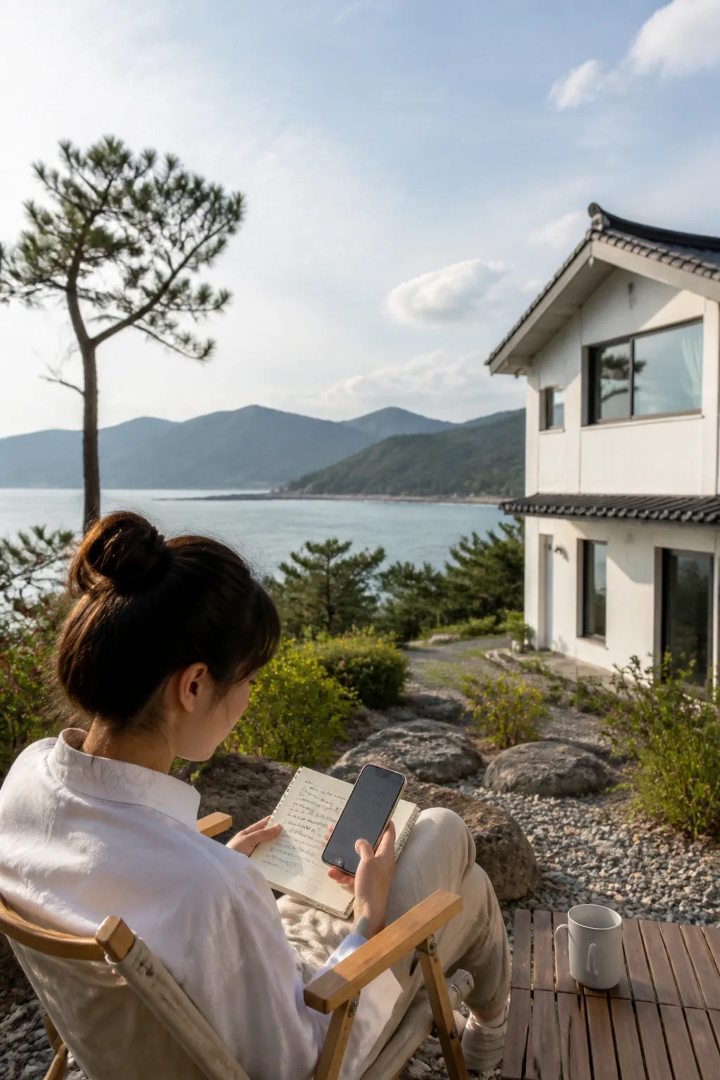 강원도숙소 예약 가격과 추가요금을 비교하는 여행자의 모습과 산·바다 풍경