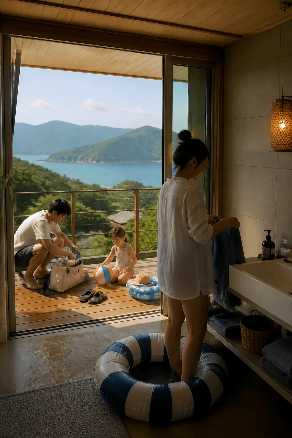 강원도숙소에서 여행 후 샤워와 물놀이 장비를 정리하는 편안한 객실 분위기