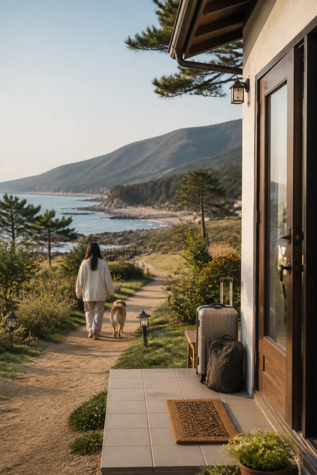 강원도숙소 주변 산책로에서 반려동물과 여행자가 걷는 모습