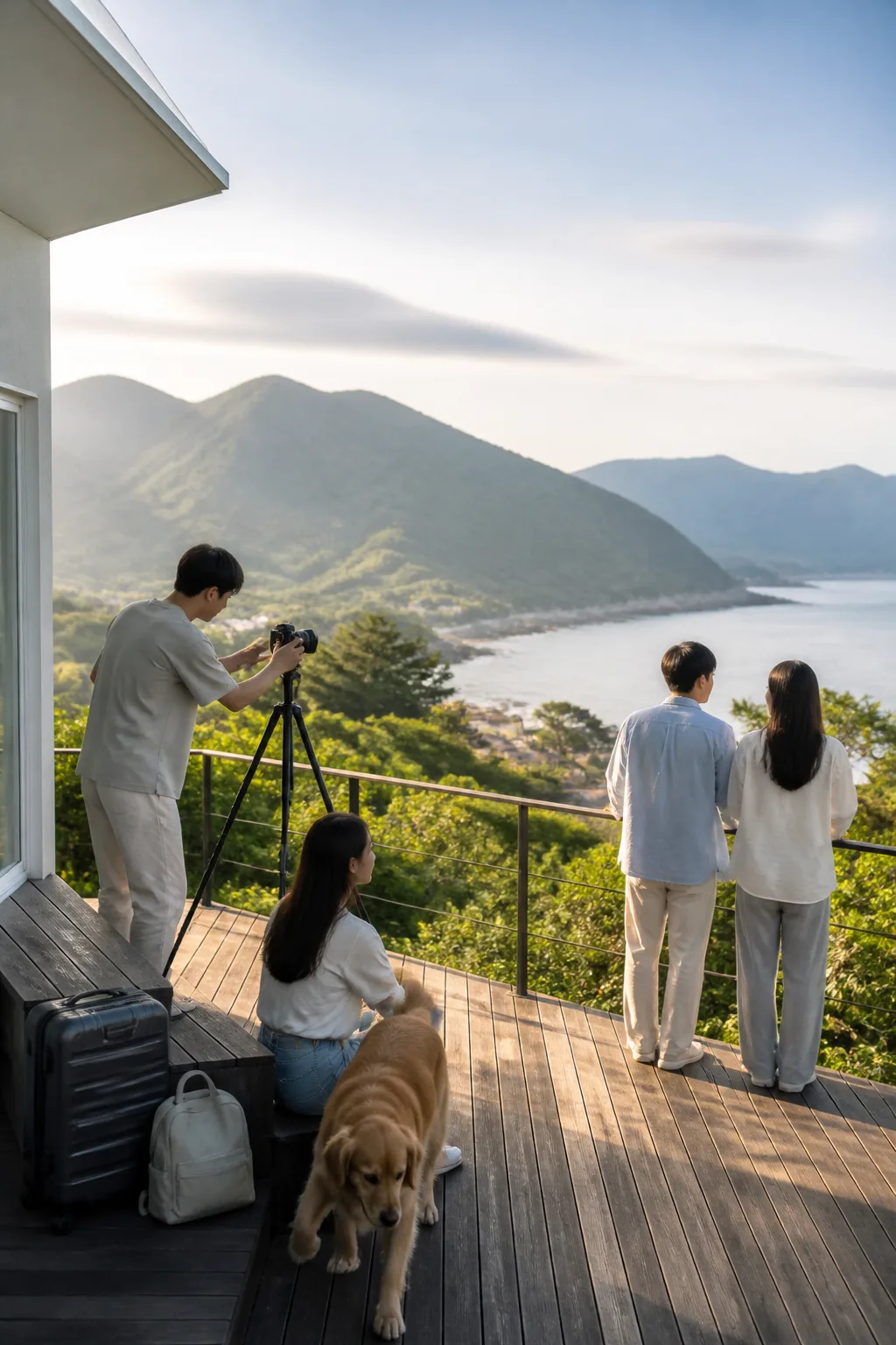 강원도숙소 테라스에서 산과 바다 풍경을 촬영하는 여행객과 반려견