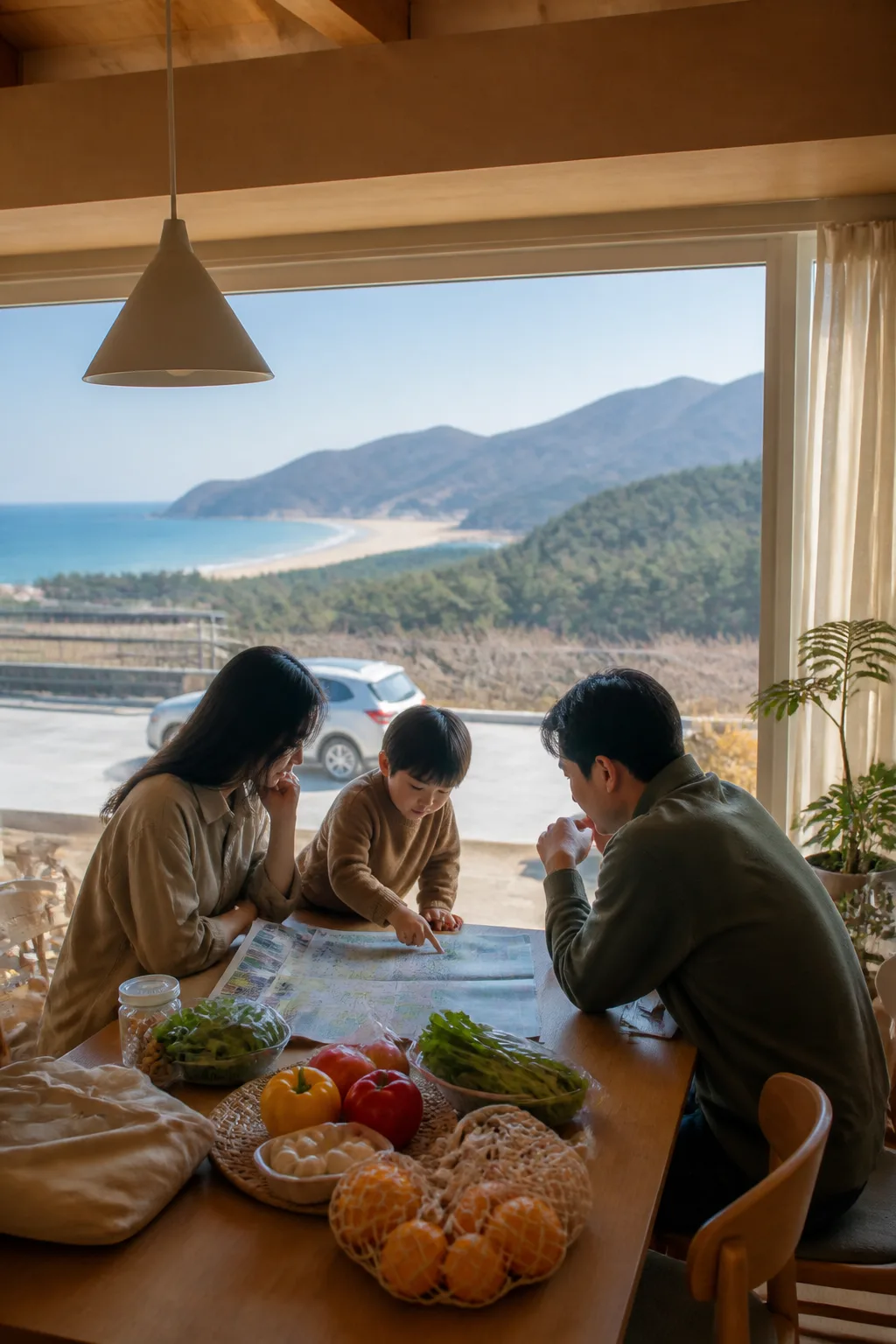 강원도숙소 주변 여행 동선과 장보기 계획을 살펴보는 숙소 장면