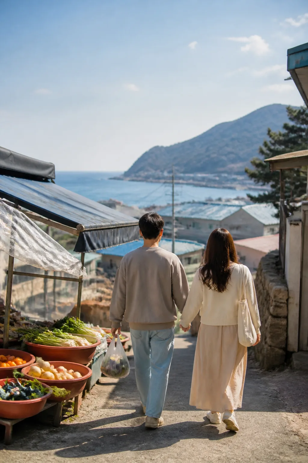 강원도 전통시장과 바다 풍경을 함께 즐기는 여행객의 모습으로 강원도숙소 권역 선택을 보여주는 이미지