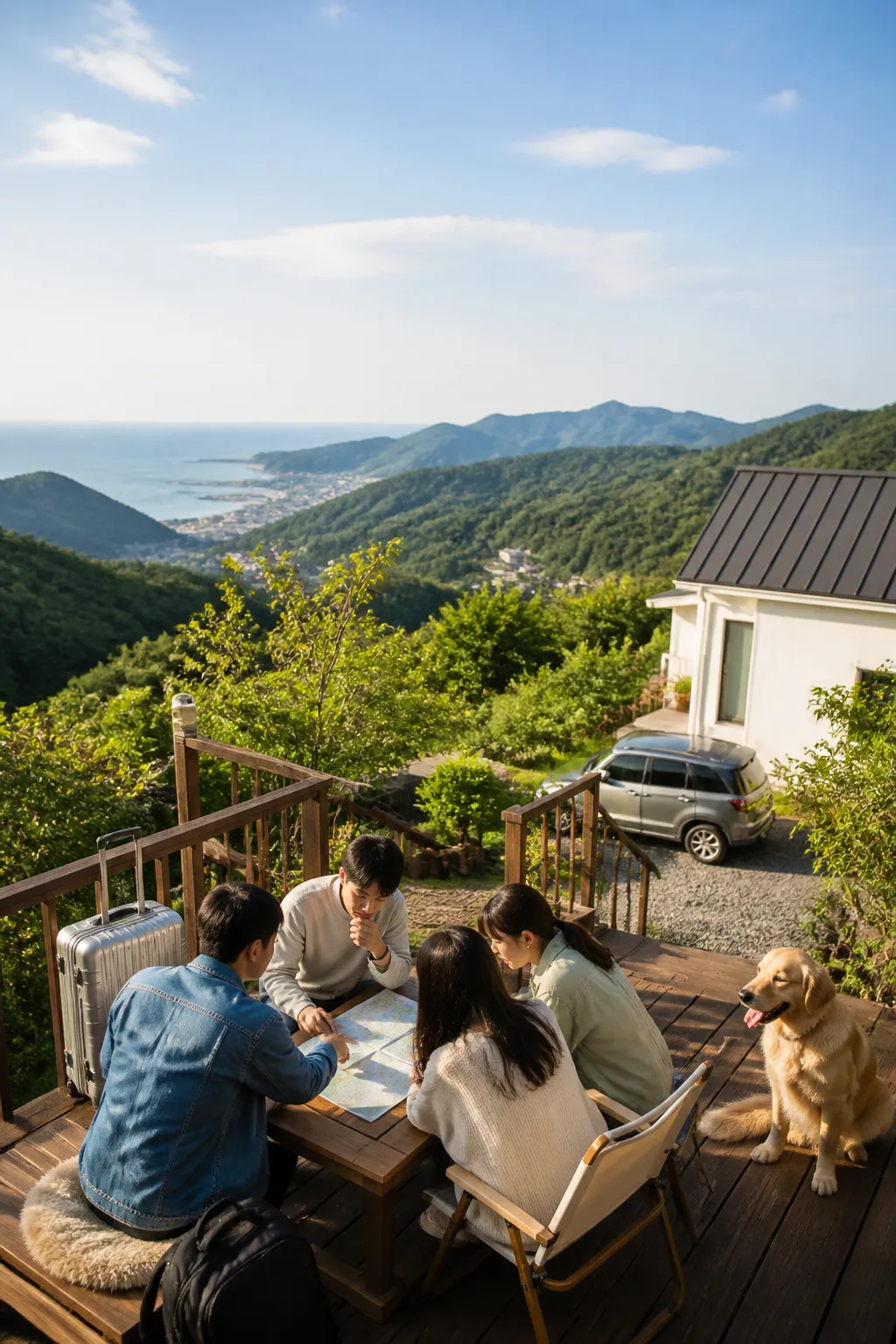 강원도숙소 테라스에서 산과 바다 여행 동선을 확인하는 가족과 반려견
