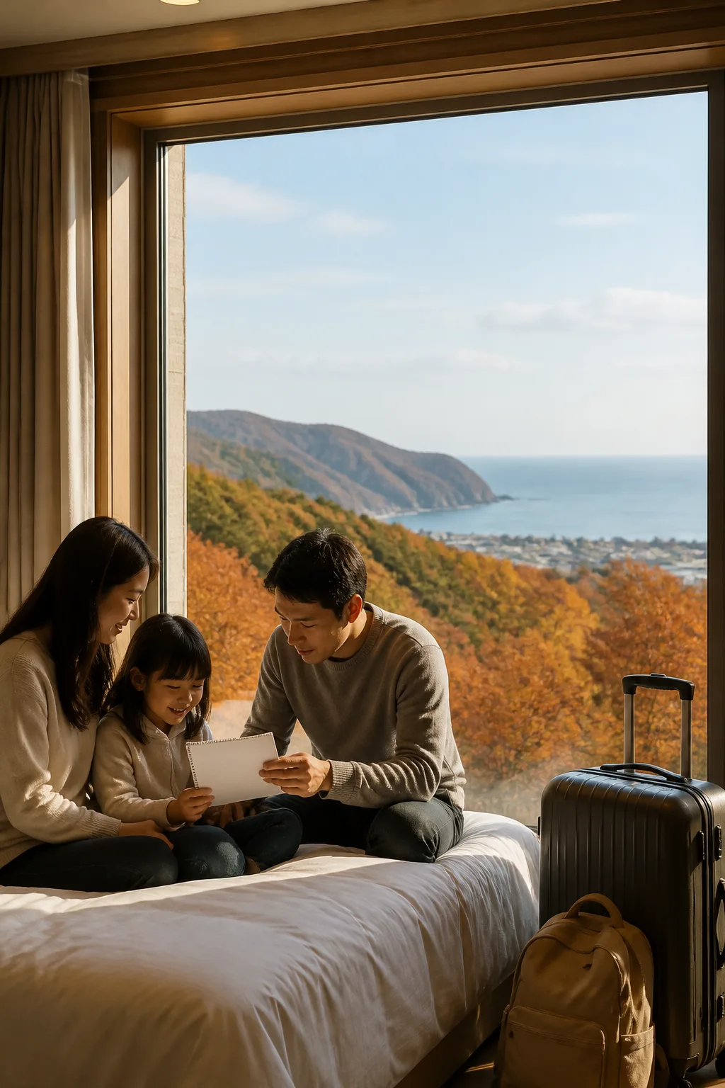 산과 바다 전망을 확인하는 강원도숙소 객실과 여행 가방