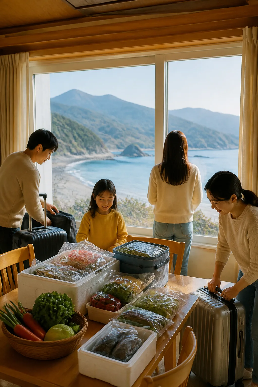 강원도숙소에서 지역 특산물과 여행 짐을 정리하는 모습